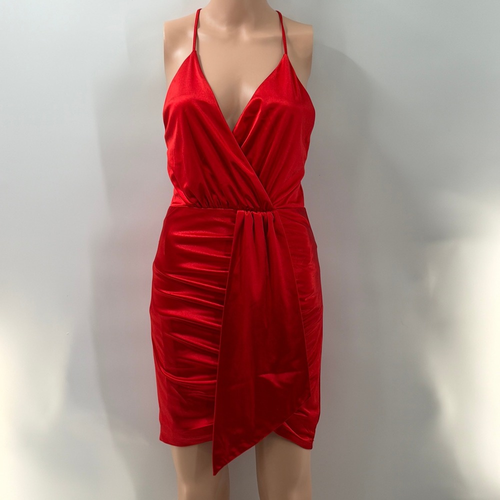 Luxxel Small Red Satin Ruched Bodycon Mini Vampy Siren Baddie Glam Y2K Night Out